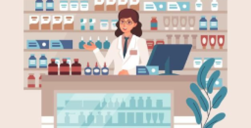 Premium Vector _ Pharmaceutical consultant behind counter in drugstore, shelves with medication